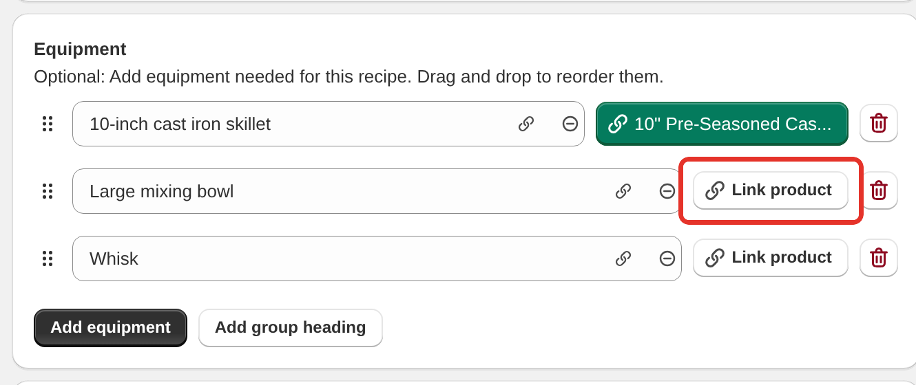 The Equipment card with one item linked to a product and a Link product button beside the others