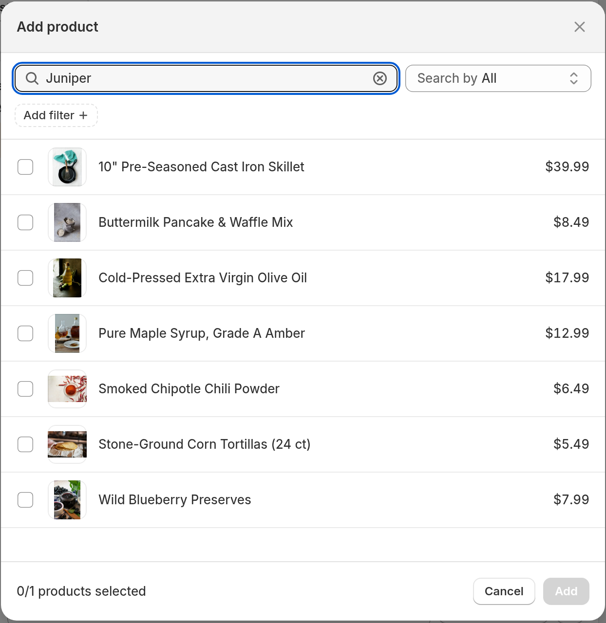 Shopify's product picker opened from Link product, with a search typed and the matching products listed