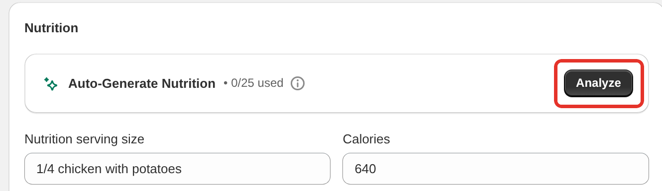 The Nutrition card with the Auto-Generate Nutrition box, the analyses used this month and the Analyze button