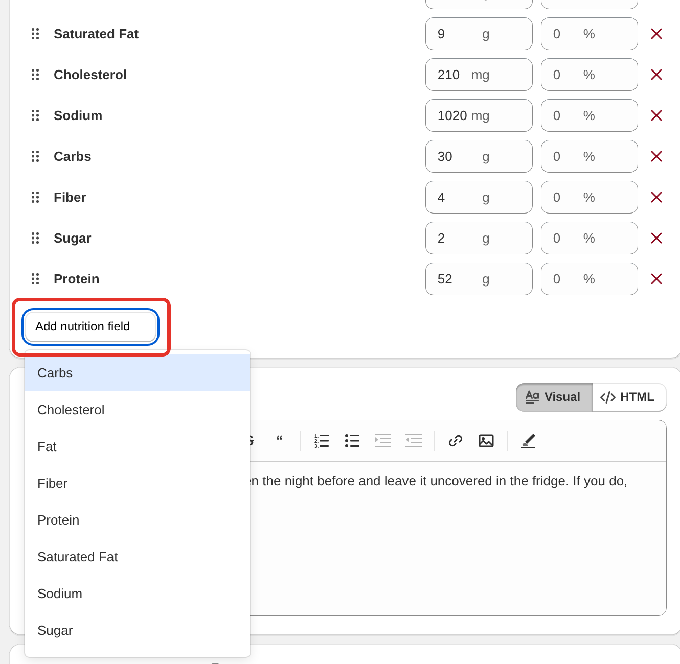 The Nutrition card with the Add nutrition field list open below the existing nutrient rows