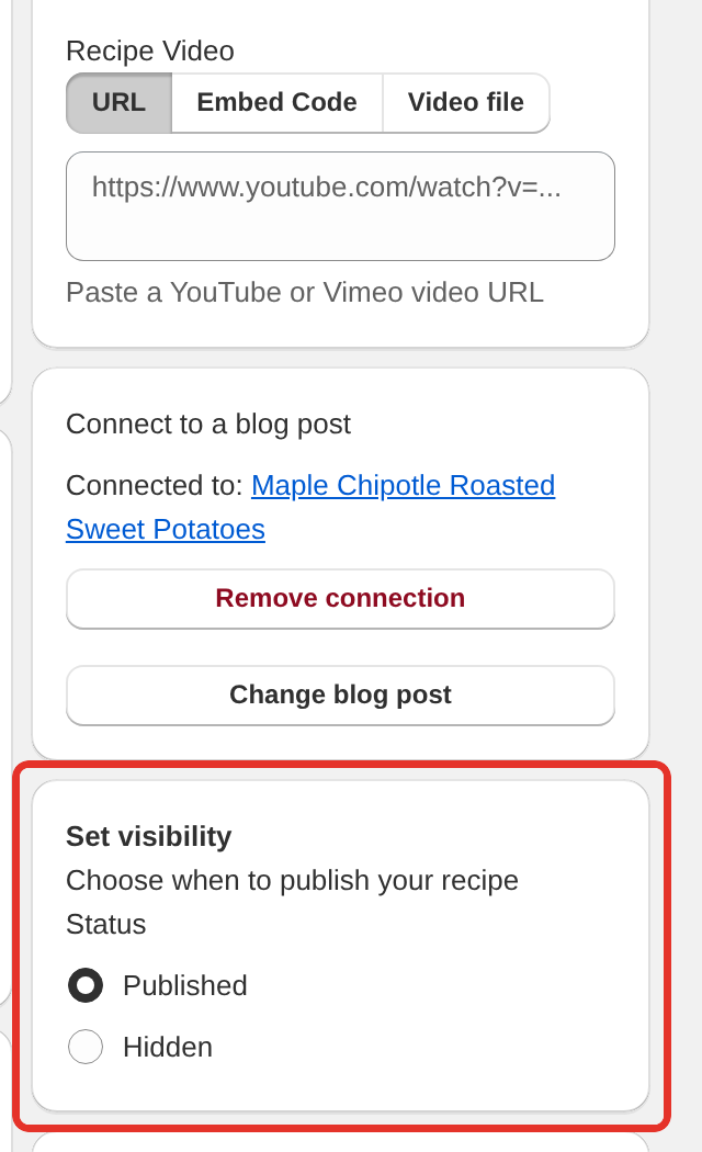 The Set visibility card in the recipe editor with Published and Hidden choices