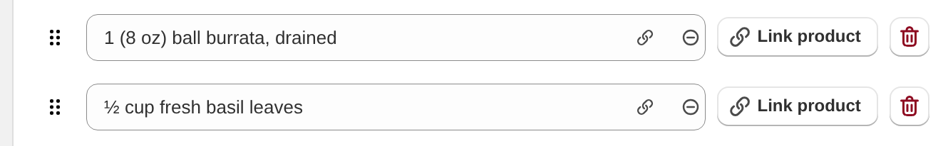 An ingredient row in the recipe editor showing ½ cup, typed as 1/2