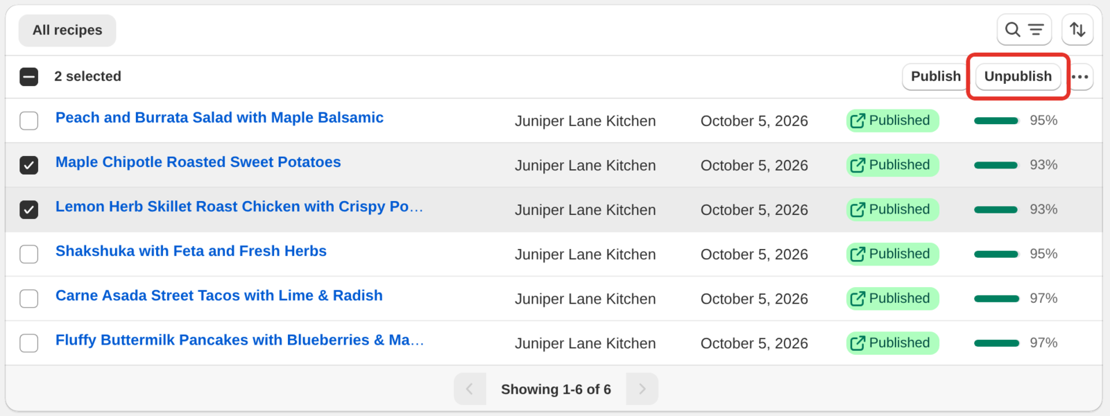 The recipe list with two recipes ticked and the Publish and Unpublish buttons above the list