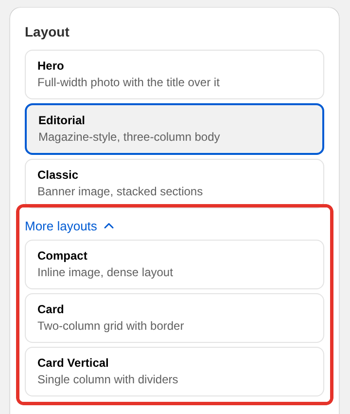 The Layout list in Settings with More layouts expanded, showing Compact, Card and Card Vertical
