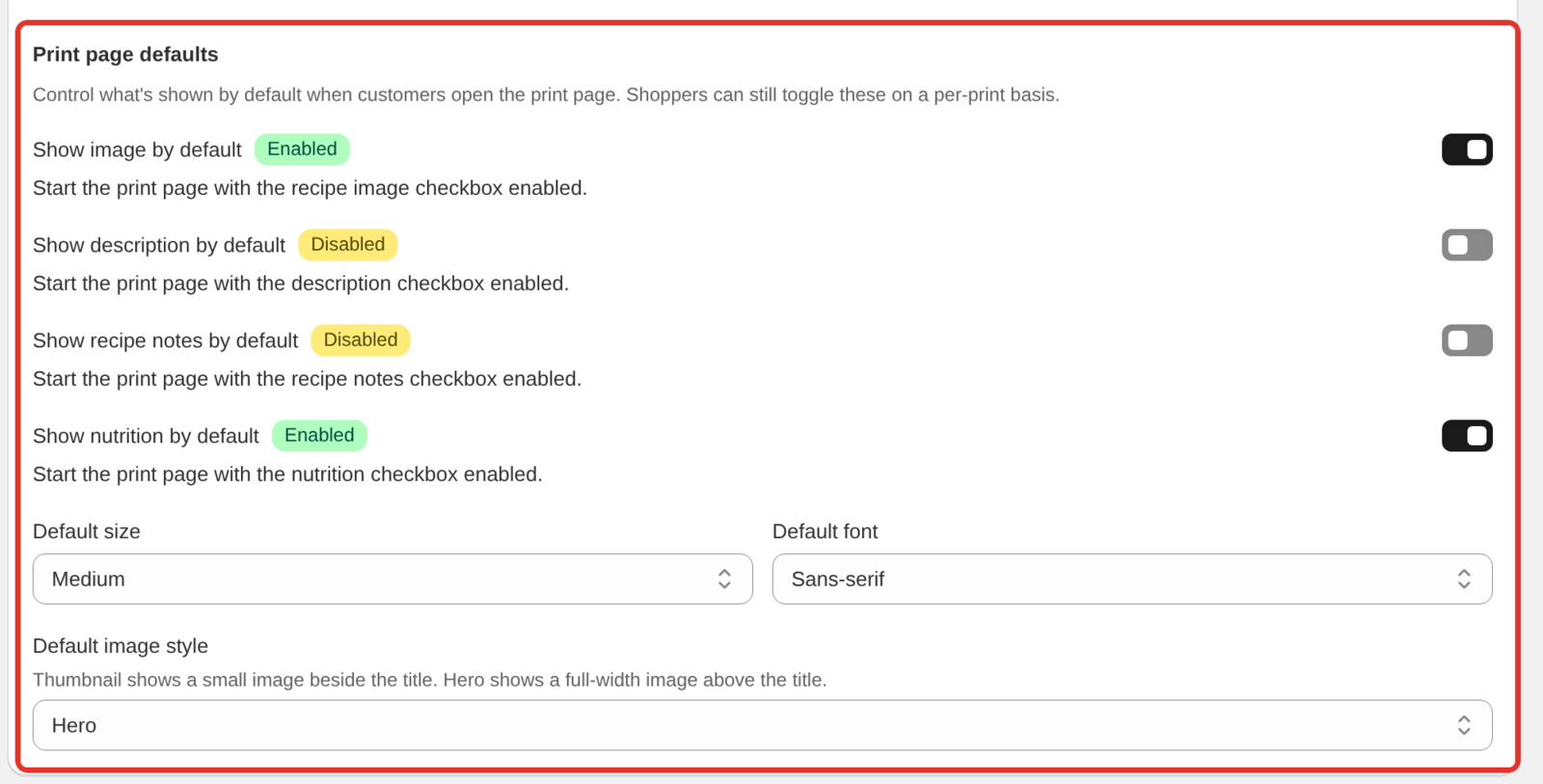 The Print page defaults group in the Advanced card in Recipe Kit Settings