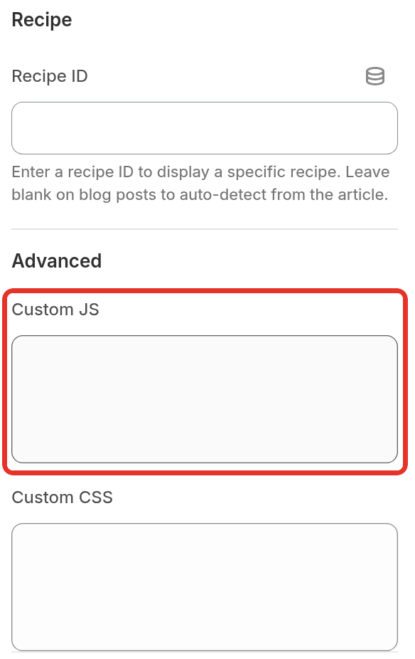 The Recipe Kit app block settings in the theme editor, with the Custom JS field under Advanced