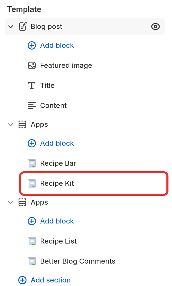 The theme editor's section list on the blog post template, with the Recipe Kit block being dragged to a new position