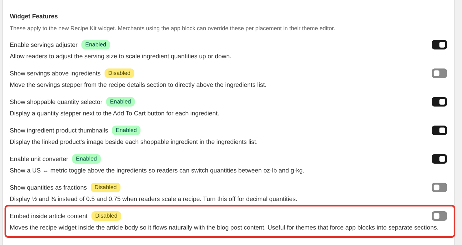The Embed inside article content switch under Widget Features in Recipe Kit Settings