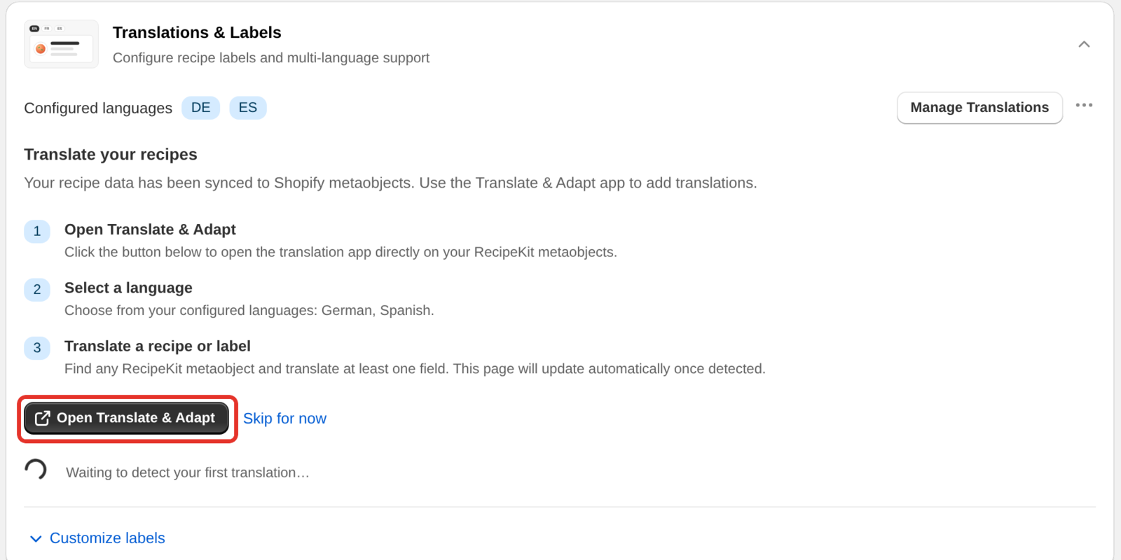 The Translate your recipes card with three numbered steps and the Open Translate & Adapt button