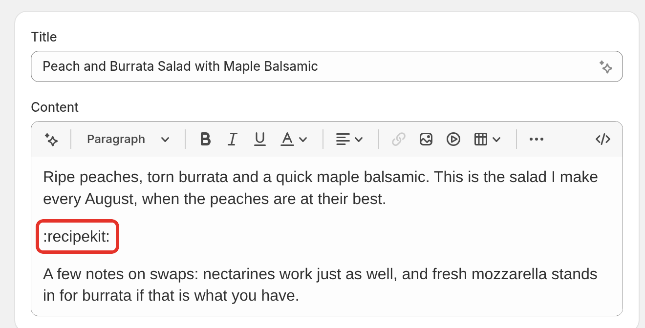 The Shopify blog post editor with :recipekit: typed on its own line between paragraphs