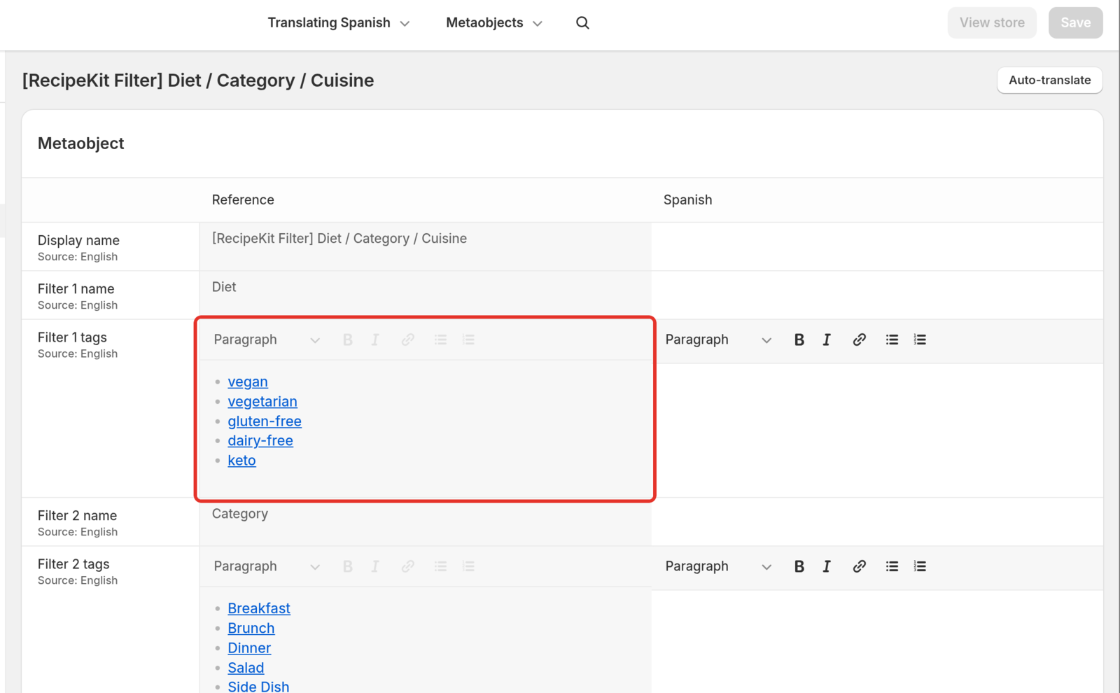 A filter entry in Translate & Adapt, with the Diet filter's tag options shown as links in the Reference column