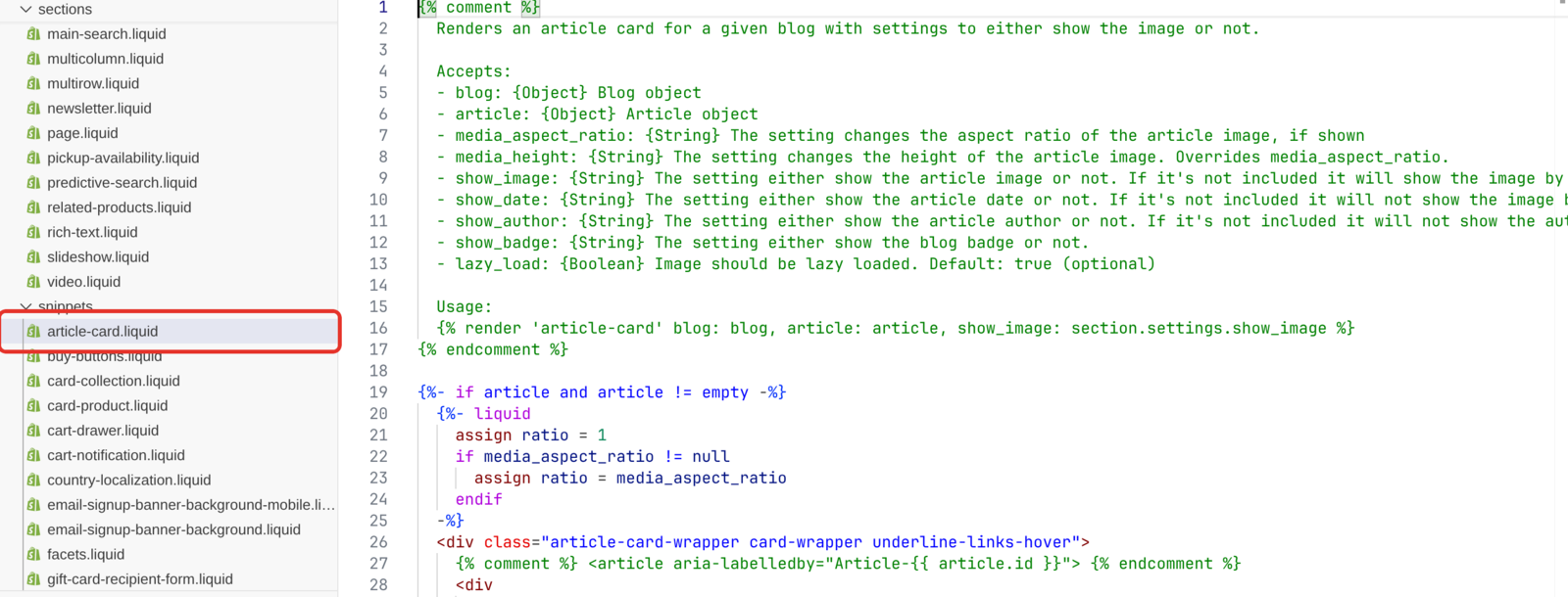 Shopify's code editor with snippets/article-card.liquid selected in the file list