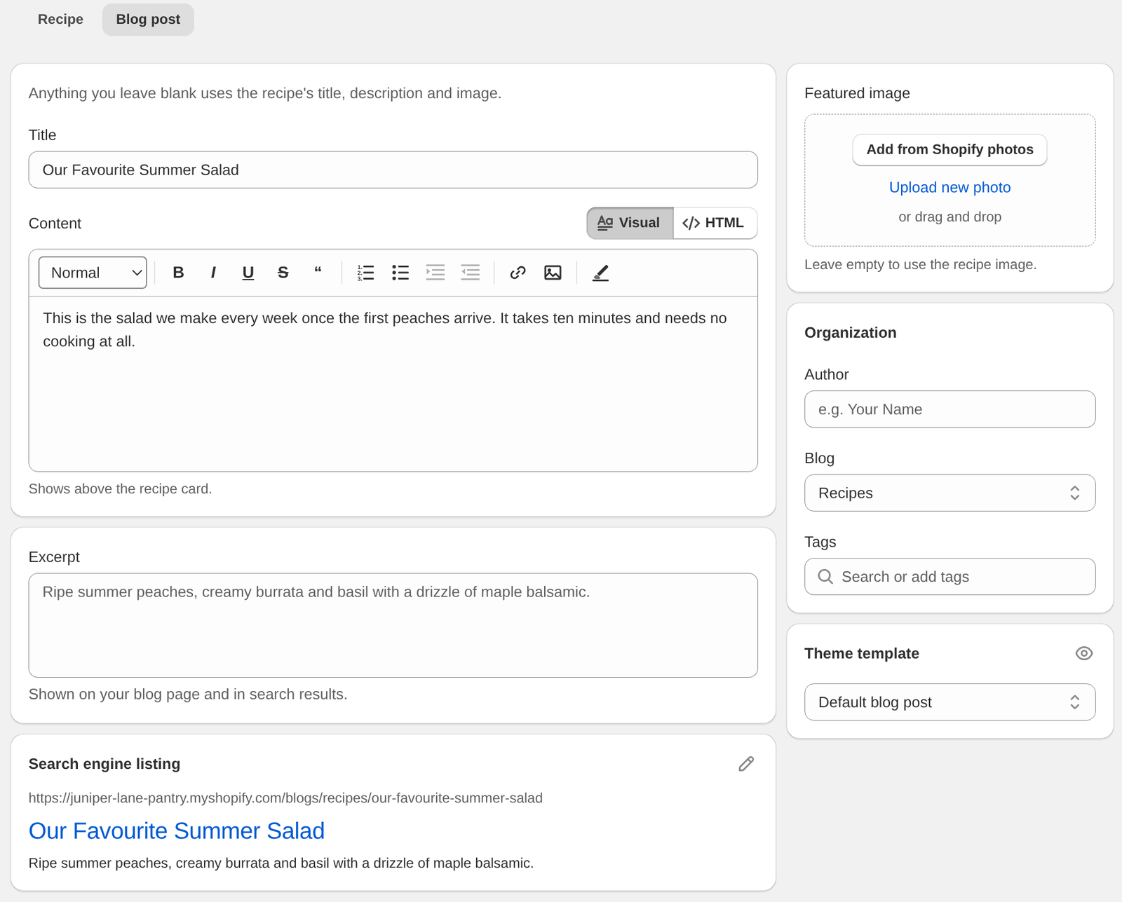 The Blog post tab of a new recipe with Title, Content, Excerpt and Search engine listing on the left and Featured image, Organization and Theme template on the right