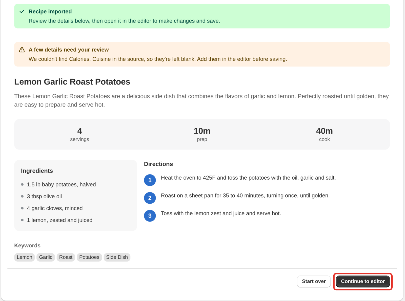 An imported recipe on the New recipe page with the Recipe imported banner, the recipe's title and details, and the Start over and Continue to editor buttons