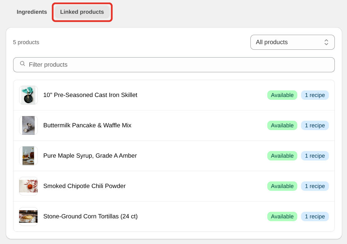 The Linked products tab of Ingredients & products, listing each linked product with its availability