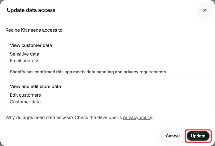 Shopify's Update data access window, asking for email addresses and permission to edit customers