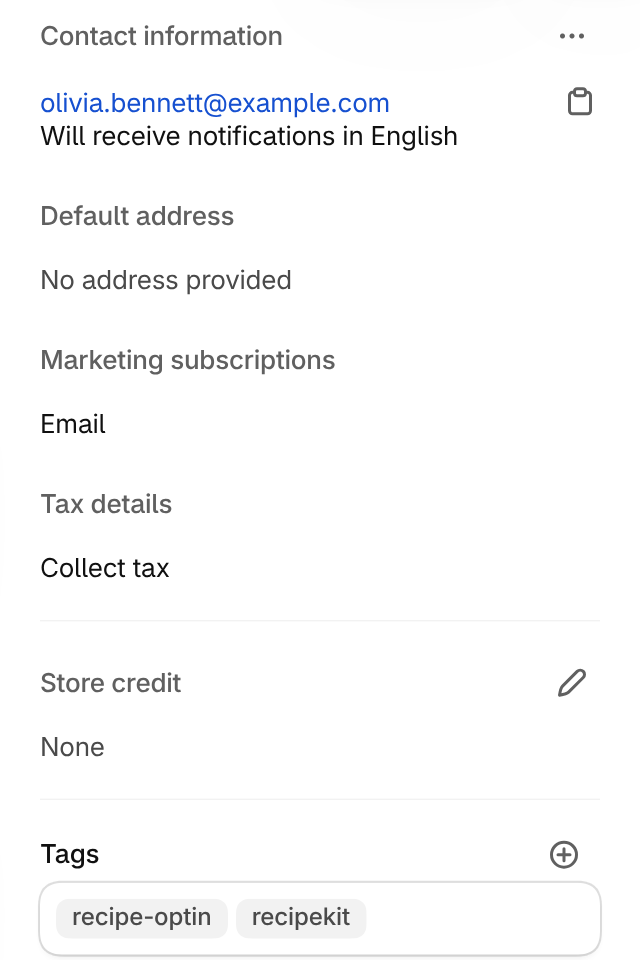 A Shopify customer created by a signup, subscribed to email marketing and tagged recipe-optin and recipekit