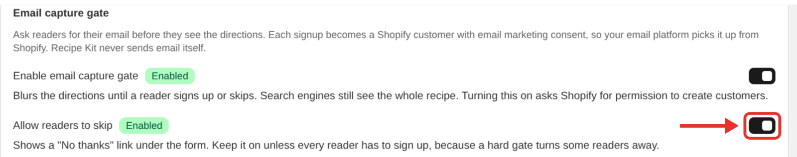 The Allow readers to skip switch in the Email capture gate group