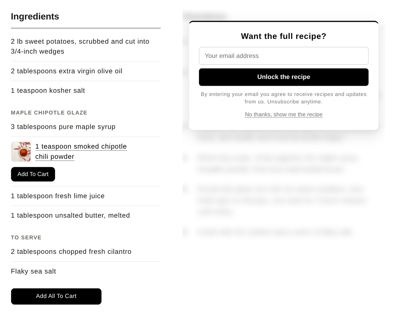 A recipe card with readable ingredients and blurred directions under a form that says Want the full recipe?