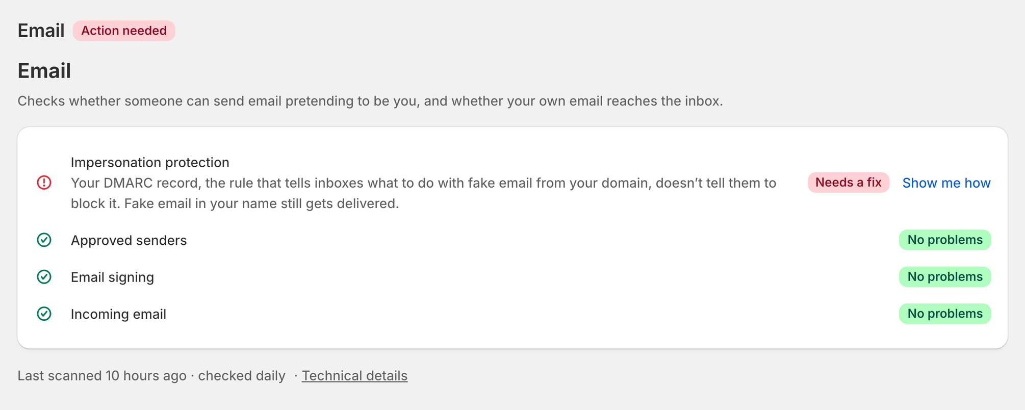 The Email page with Impersonation protection needing a fix and three checks with no problems