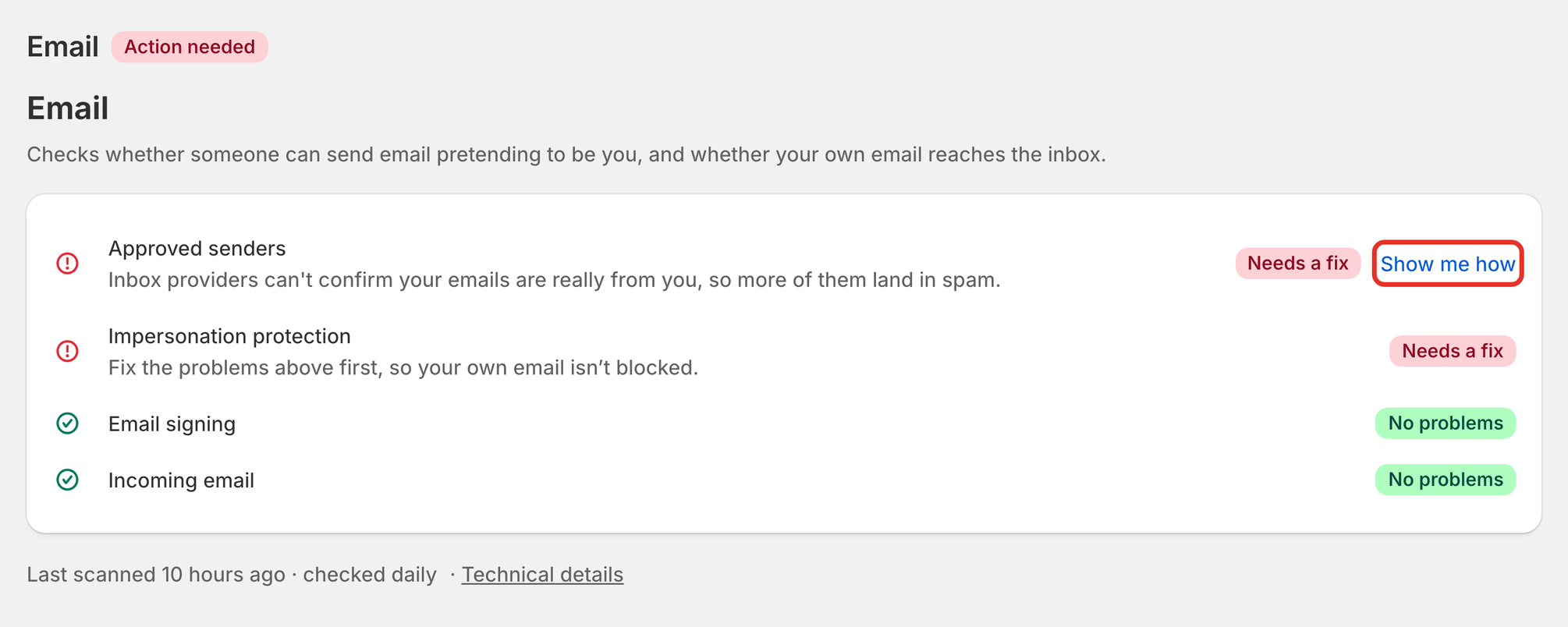 The Email page with Show me how outlined on the Approved senders row