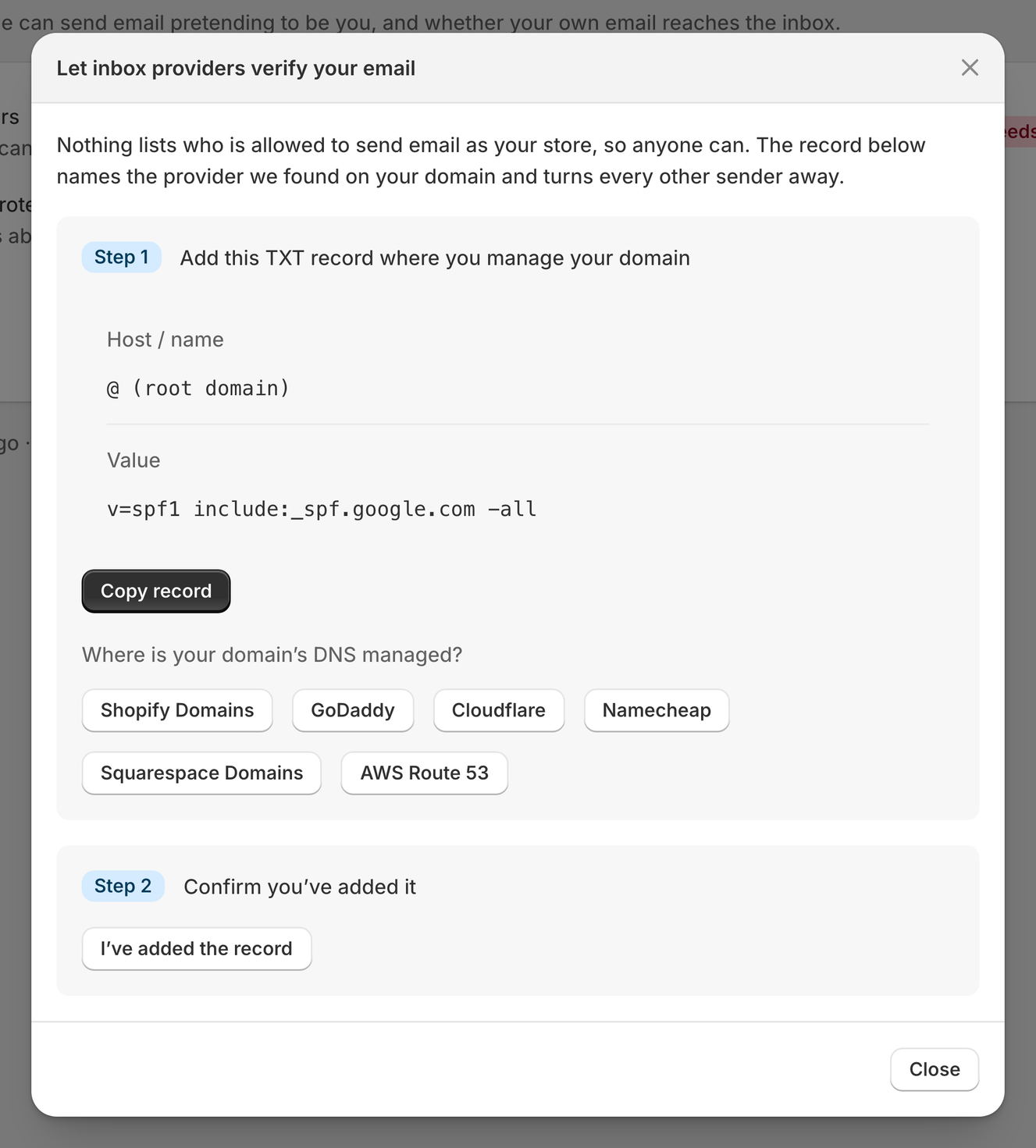 The Let inbox providers verify your email window, with the record to add and a list of DNS providers