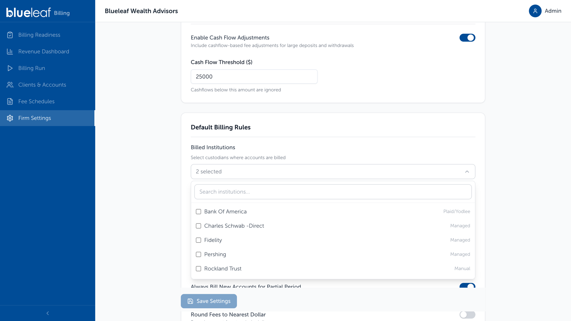 Firm Settings, Default Billing Rules, the Billed Institutions picker open