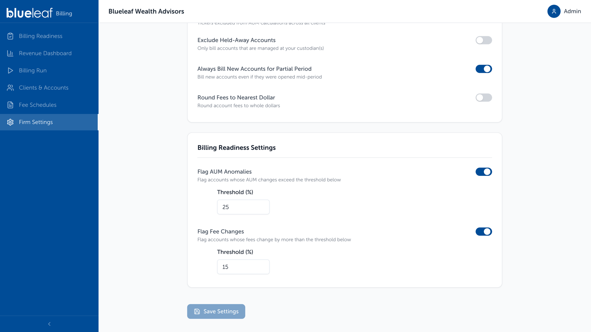 Firm Settings, Billing Readiness Settings, showing both alert toggles and their thresholds
