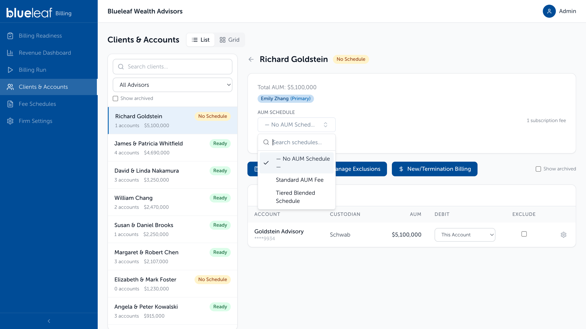 Clients & Accounts, the AUM Schedule dropdown open on a client