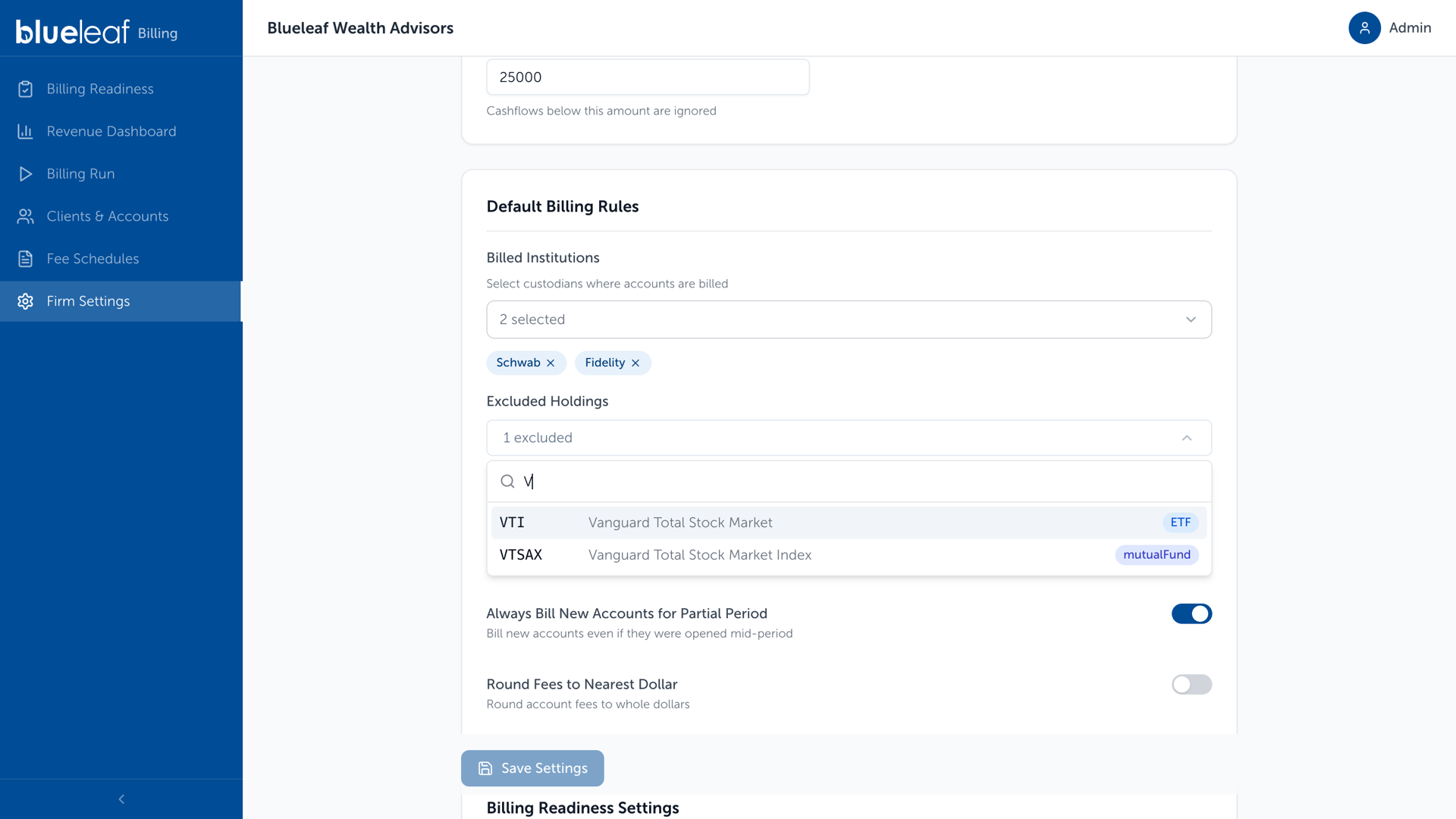 Firm Settings, Excluded Holdings ticker search