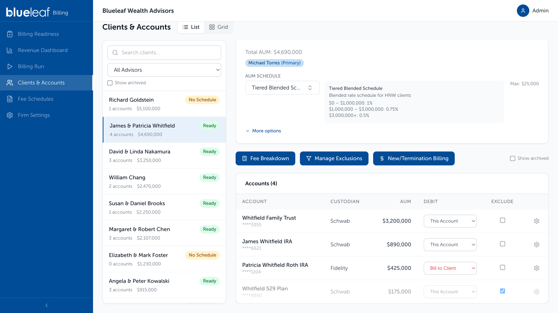 Client accounts table showing the Debit and Exclude columns