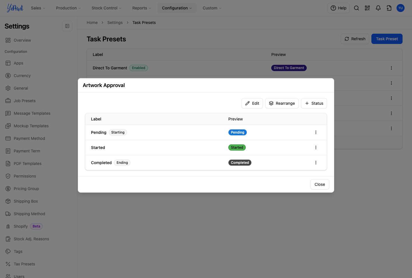 Default statuses on a new task preset