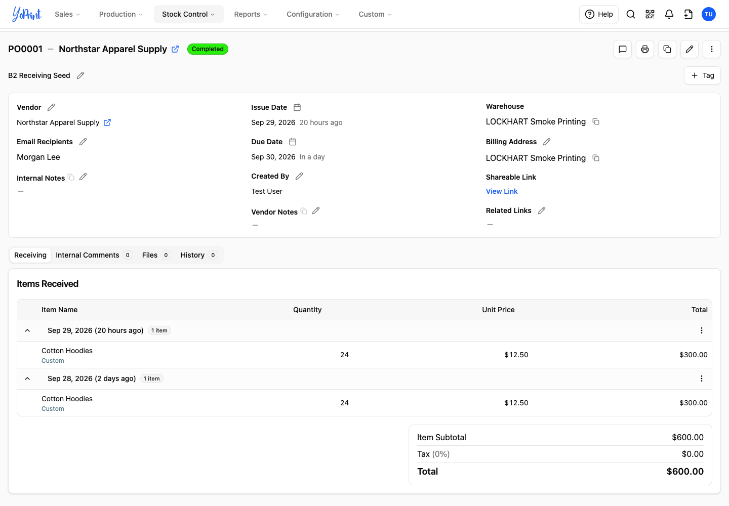 Completed purchase order with two receipts