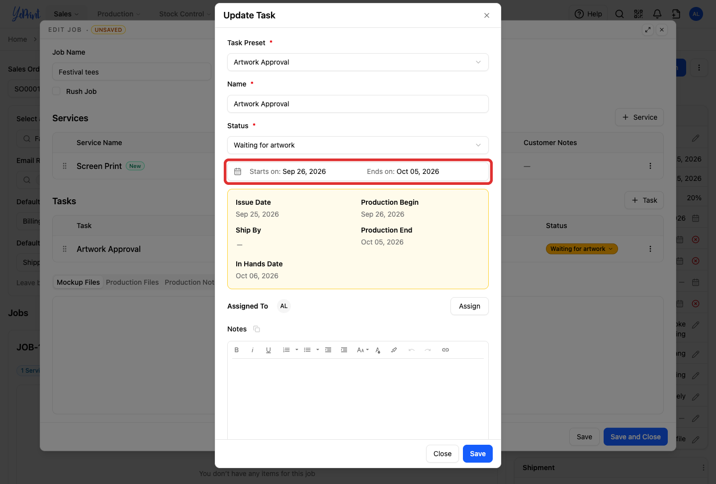 Start and end dates on the task