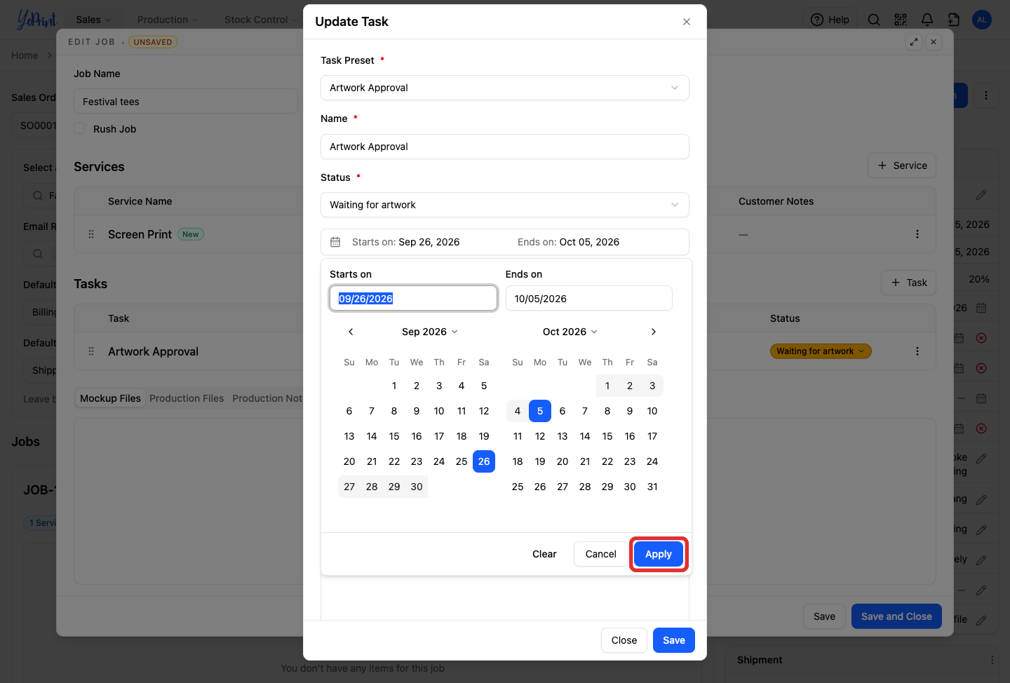 Apply on the date range calendar popover