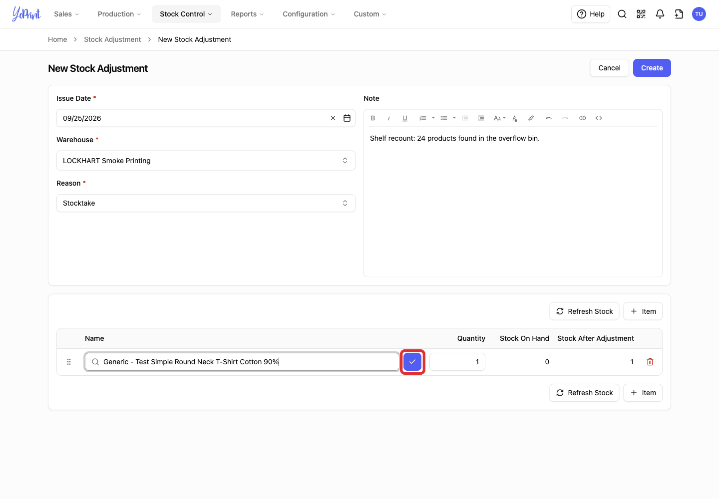 Blue checkmark beside the product search field
