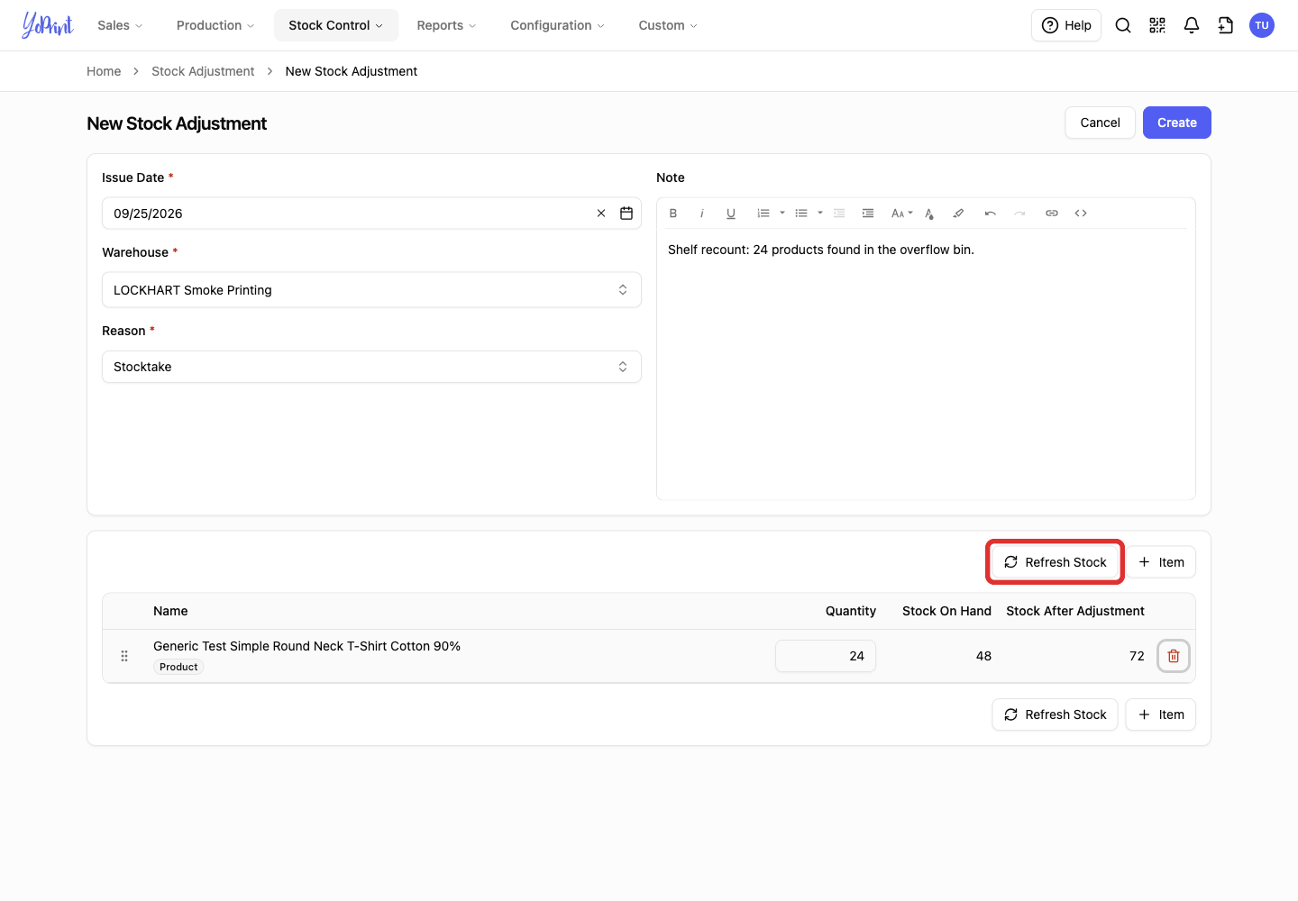 Refresh Stock button above the table