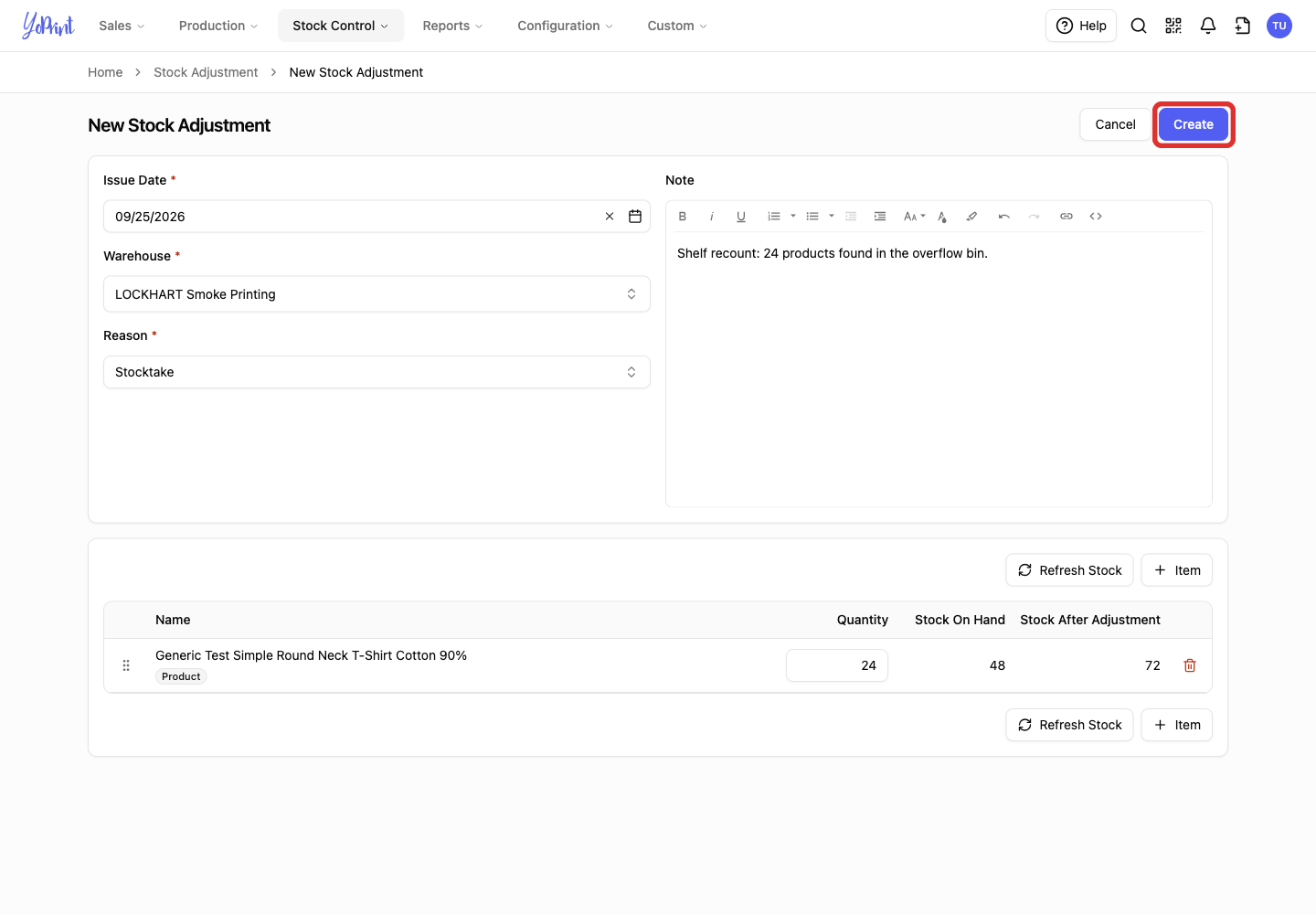 Create button on the completed form