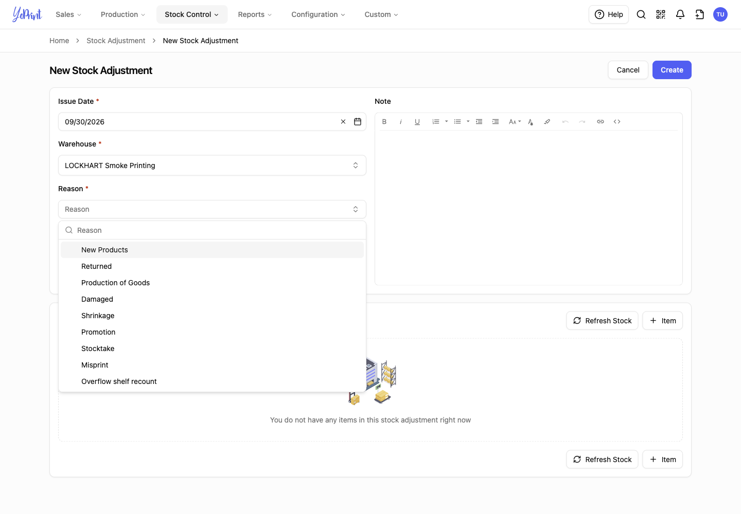 Reason dropdown on a new adjustment with Overflow shelf recount available