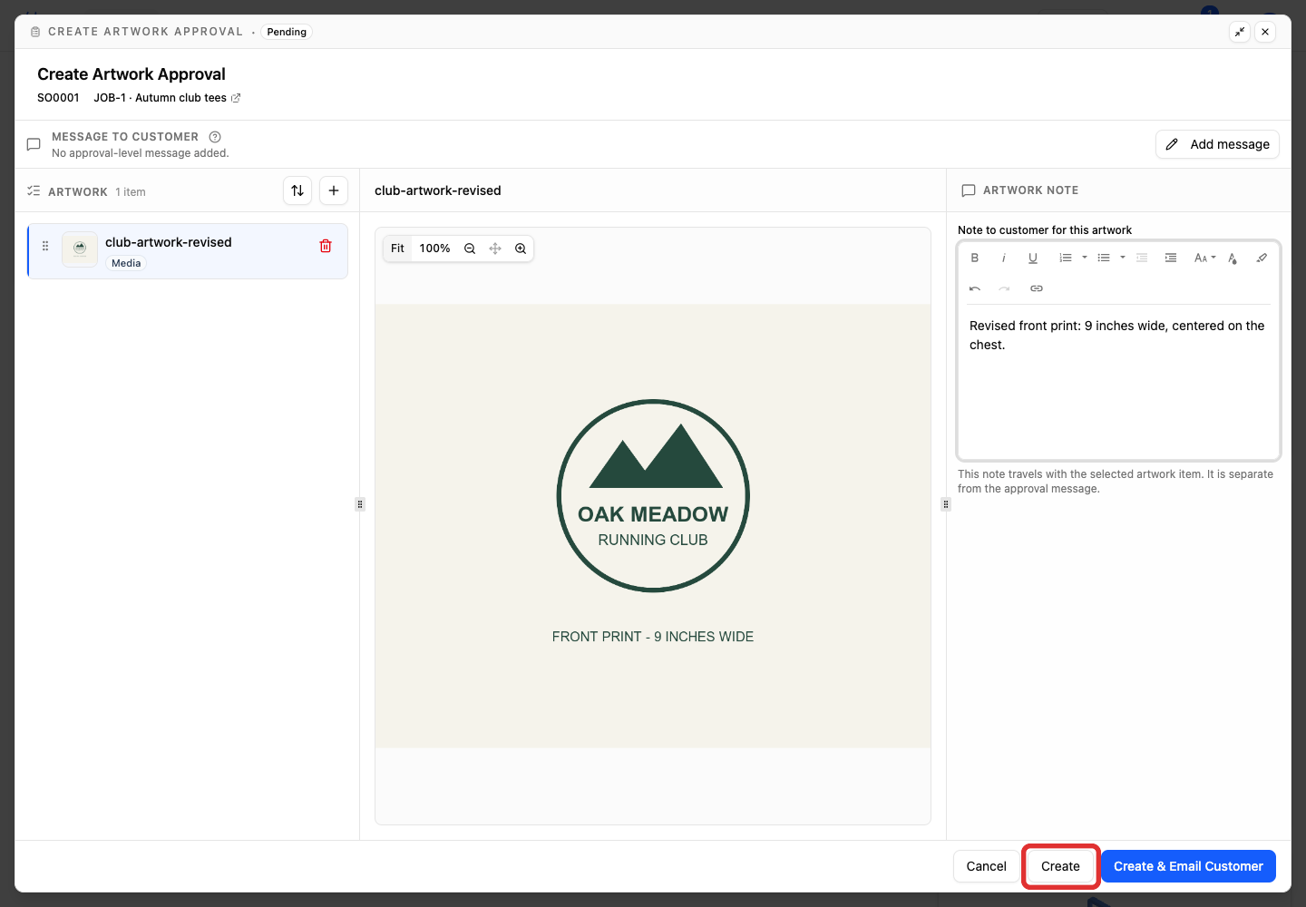 Create saves the artwork request without emailing