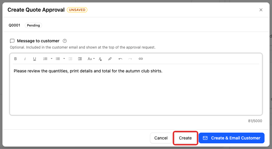 Create a request without sending email
