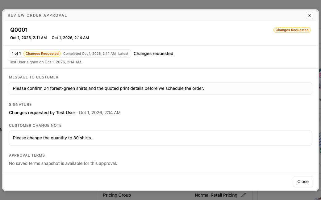 A completed quote review with the change comment and signature