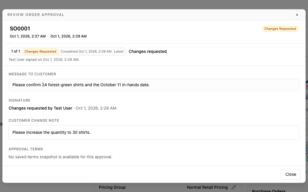 A completed response with the requested quantity change