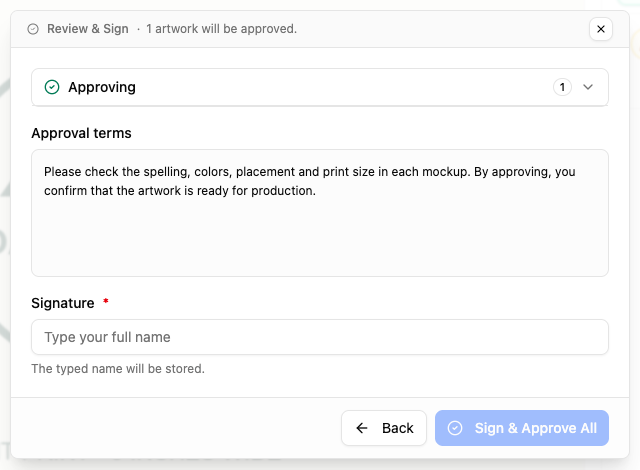 Artwork approval terms shown before signing