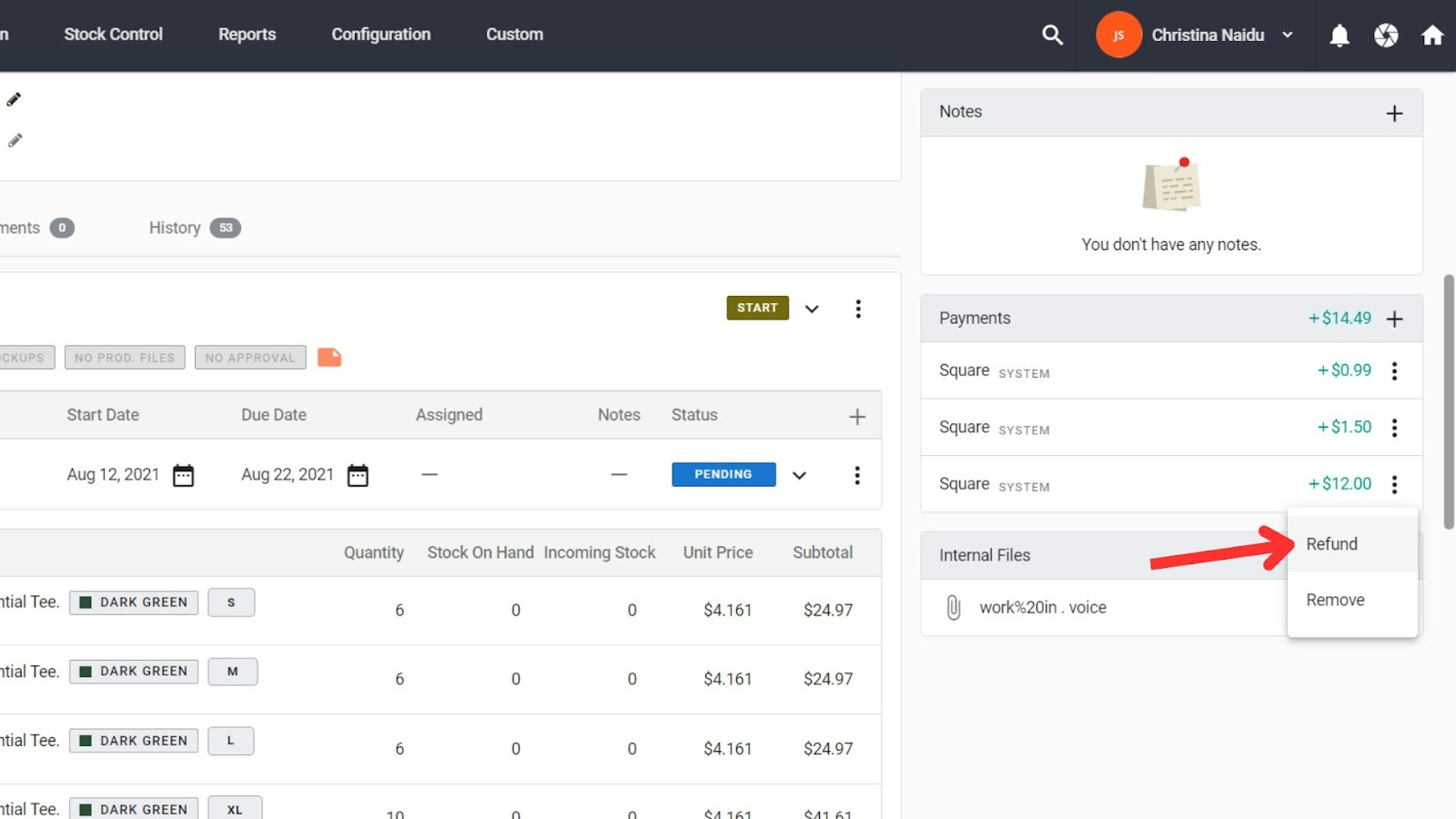Earlier YoPrint payment menu showing Refund for a Square payment
