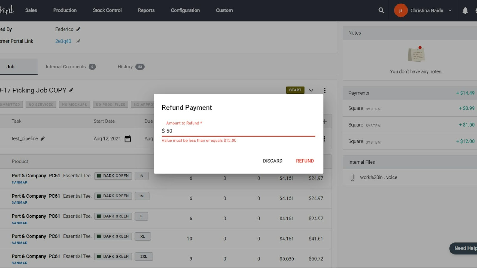 Earlier gateway refund form rejecting an amount above the remaining payment