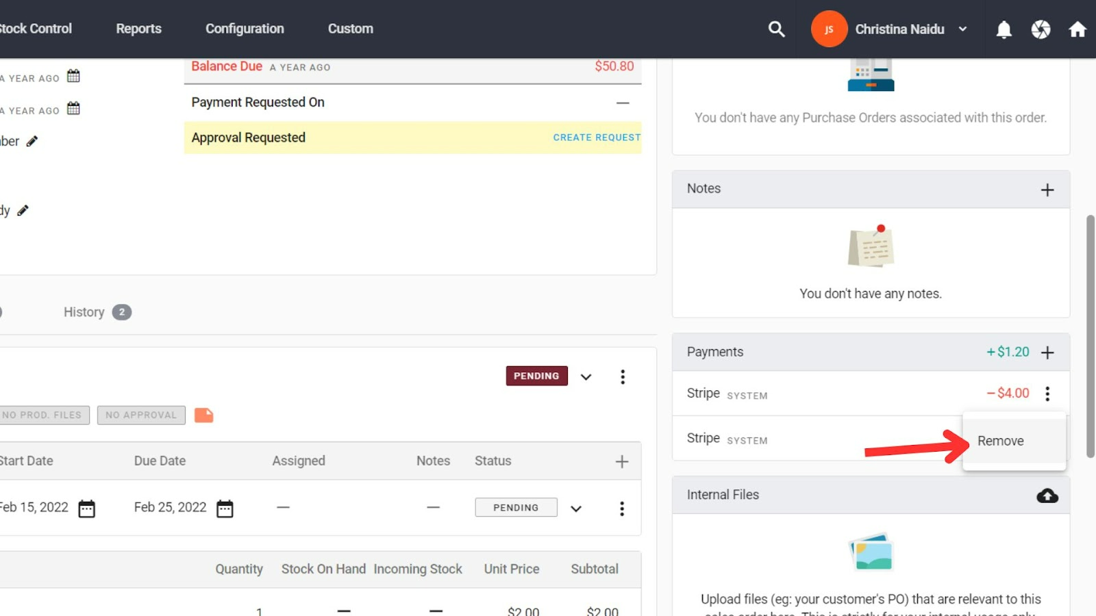 Earlier YoPrint Remove menu on a Stripe refund record