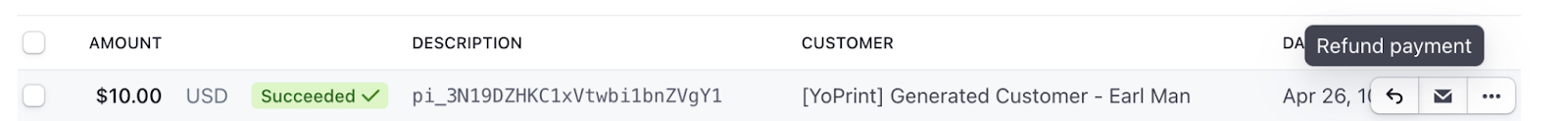 Earlier Stripe payment row with Refund payment