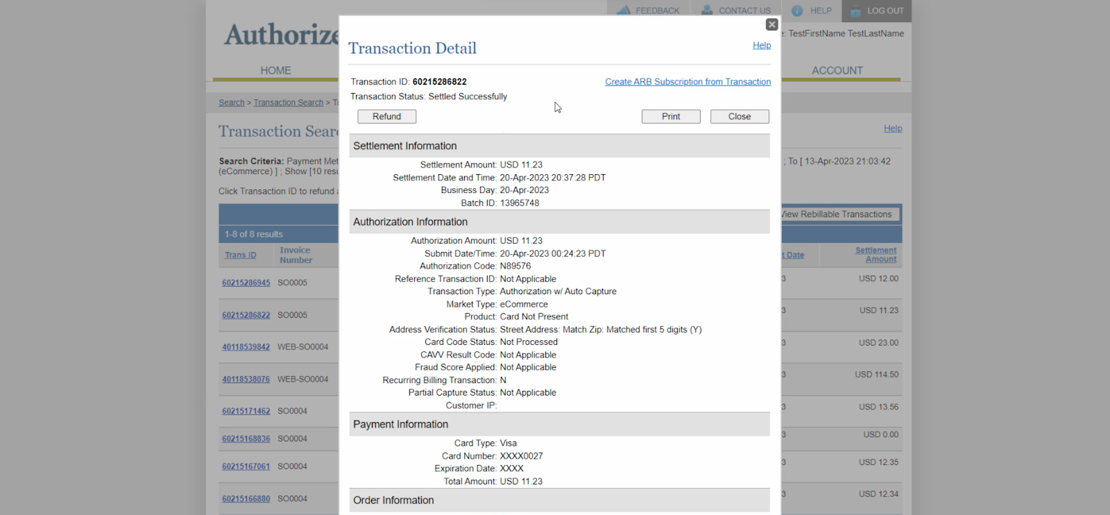 Earlier Authorize.net Transaction Detail page showing Refund