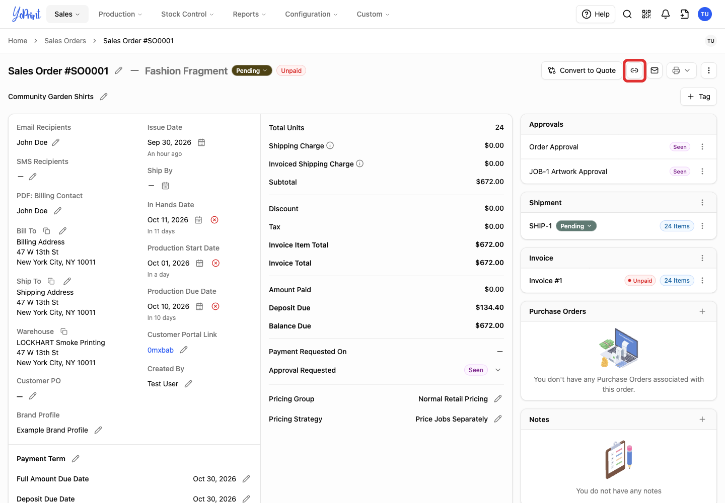 Copy the customer portal link from a sales order